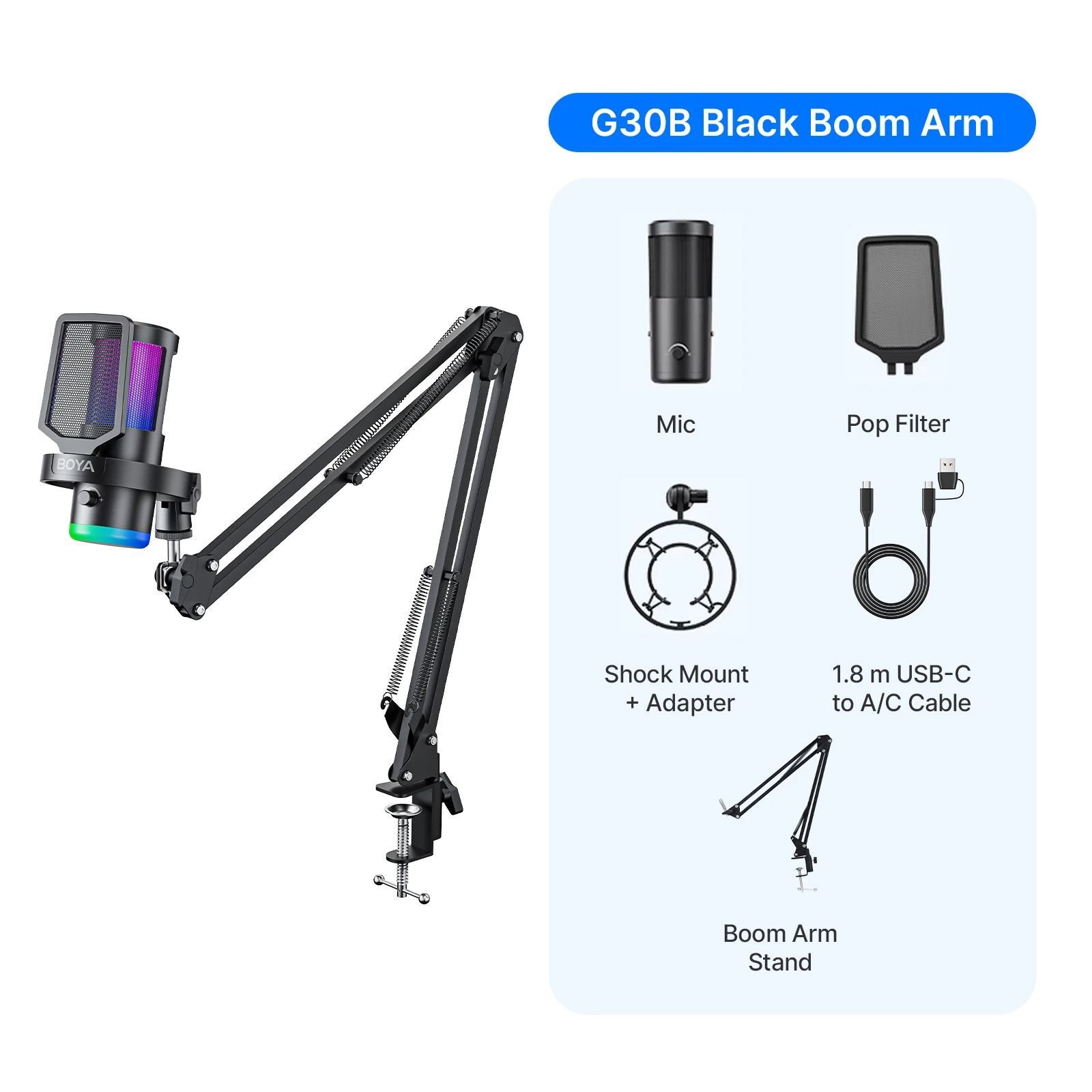 BOYA CastMic G30 USB RGB Gaming Microfoon met ruisonderdrukking, bureaumicrofoon met arm, voor livestreaming voor pc en telefoon