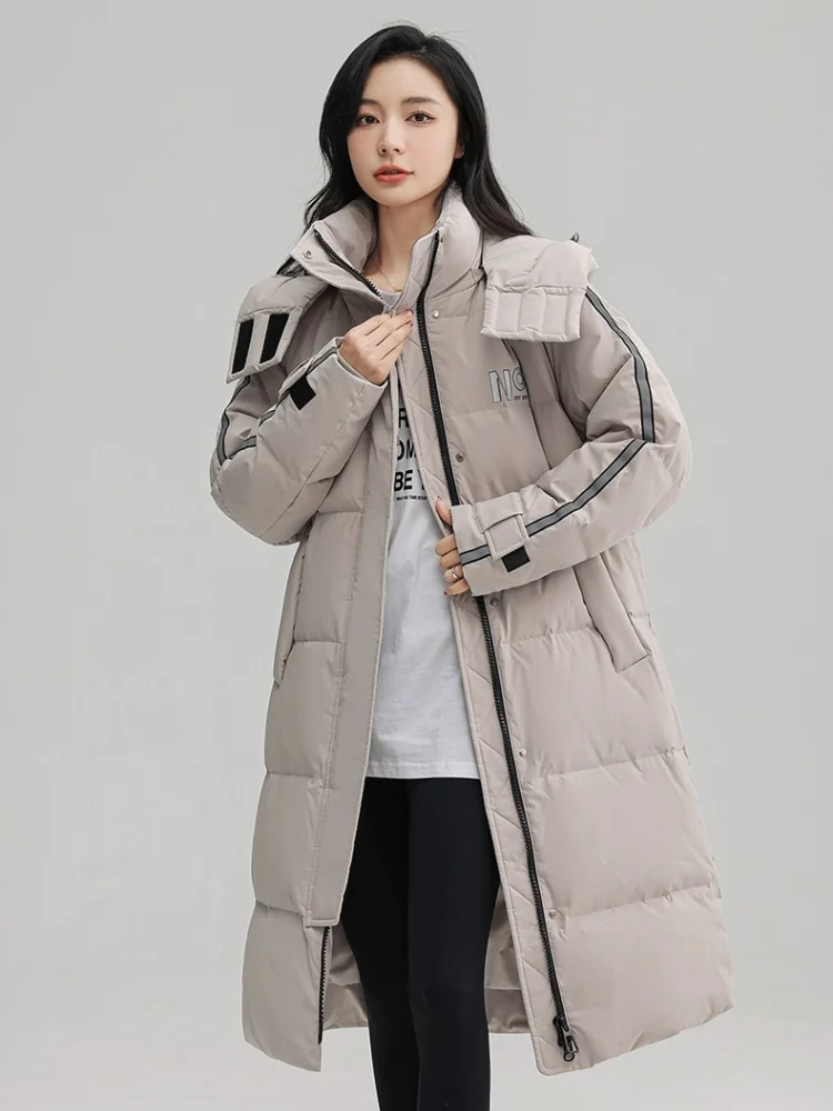 Long Hooded Parka Line Patchwork Down Jacket for Women, Letter Prints Jackets, Warm Loose Coats, Female Fashion, Winter