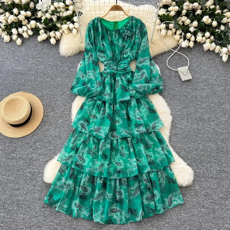 Korean Chic Ruffle Print V Neck Dress Chiffon A-line Fashion Women Elegant Vestidos Summer Autumn Sweet Lantern Sleeve Dresses