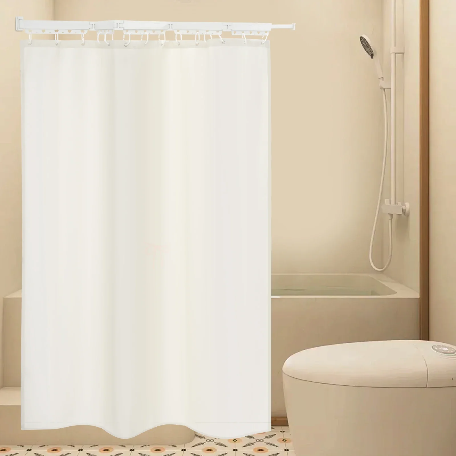 

Shower Curtain Set, Wall Mounted Folding Shower Curtain Rod, Multi-Angle Folding Shower Curtain Rod, (5-fold Rod, Beige)