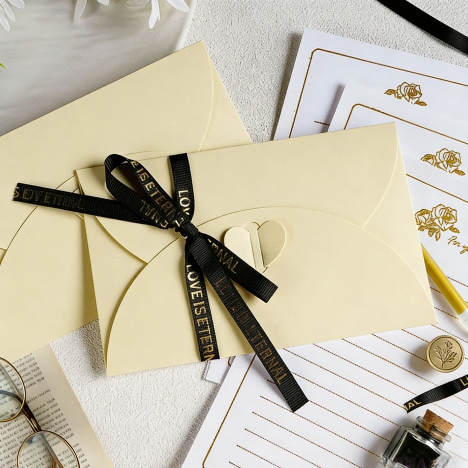 Juego de Sobres y Papel de Carta con Lámina de Oro Platino, Papelería Elegante para San Valentín, Regalo Escrito a Mano para Declaraciones de Amor