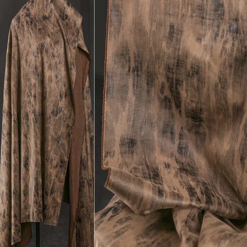 Ink Brown Suede Leather Tie Dye Splatter Ink Reconstruction Windbreaker Coat Dress Clothing Designer Fabric