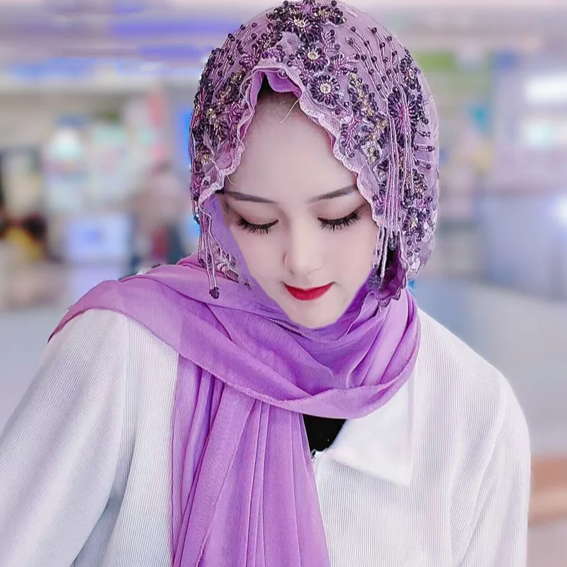 Hijab Muslim Women Shawl Headscarf  Luxury Tassels Scarf Malaysia Prayer Kufi Islam Saudi Arabia Lace Turban