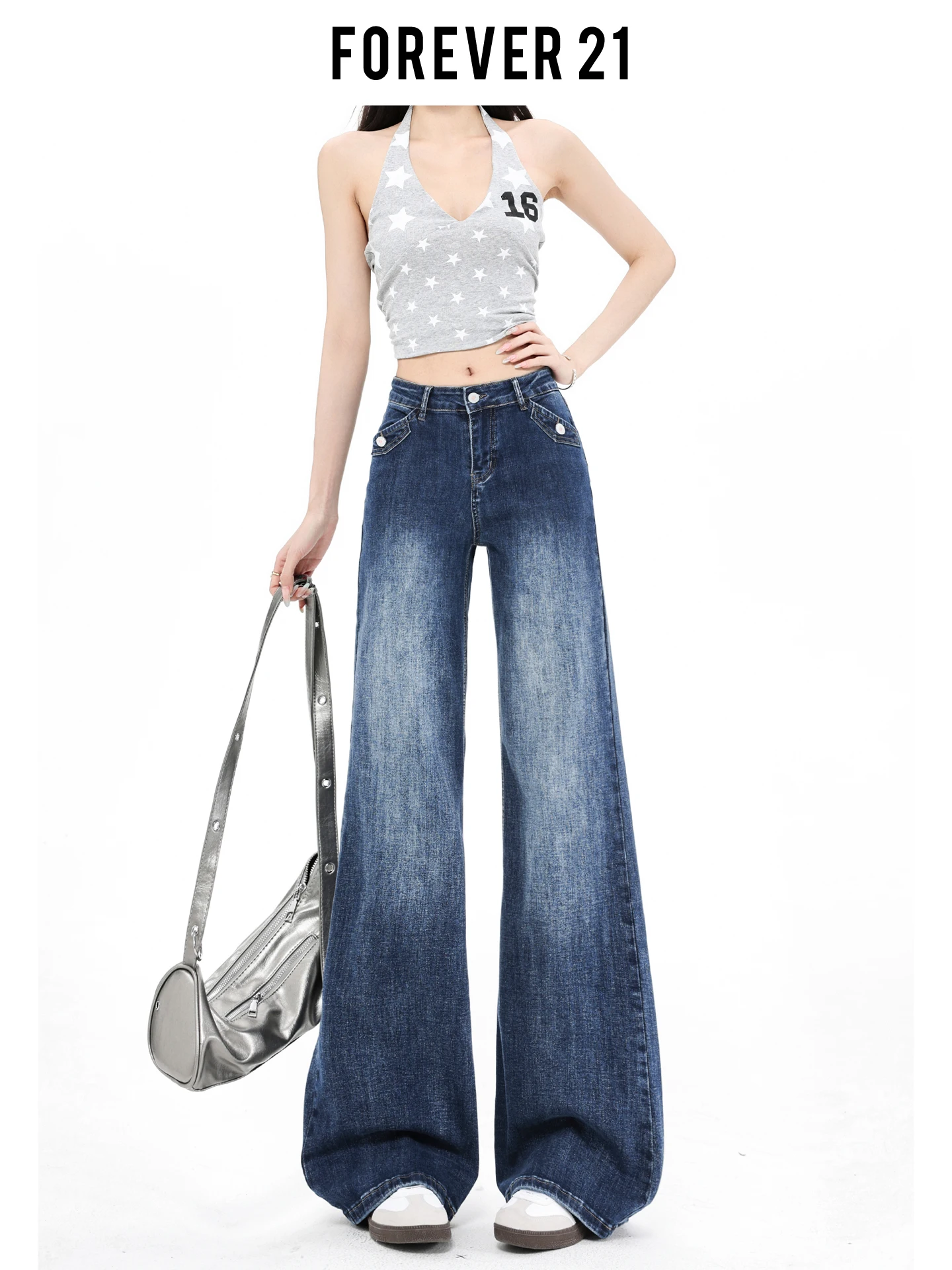 Jeans Acampanados de Cintura Alta Azules Retro Forever 21 para Mujer, Estilo Casual, de Pierna Recta, Efecto Adelgazante, Pantalones Vaqueros de Tiro Medio