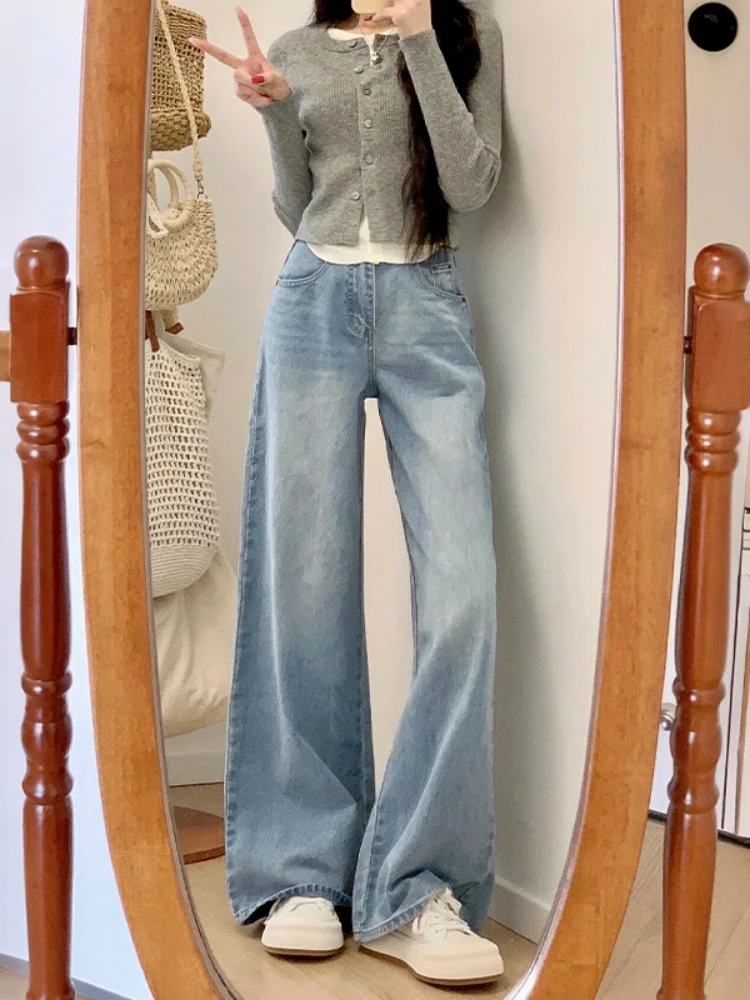 جينز نسائي عالي الخصر وواسع الساق من قماش الدنيم خريفي جديد على شكل قرد الكمثرى سروال مستقيم للتخسيس مقاوم أمريكي