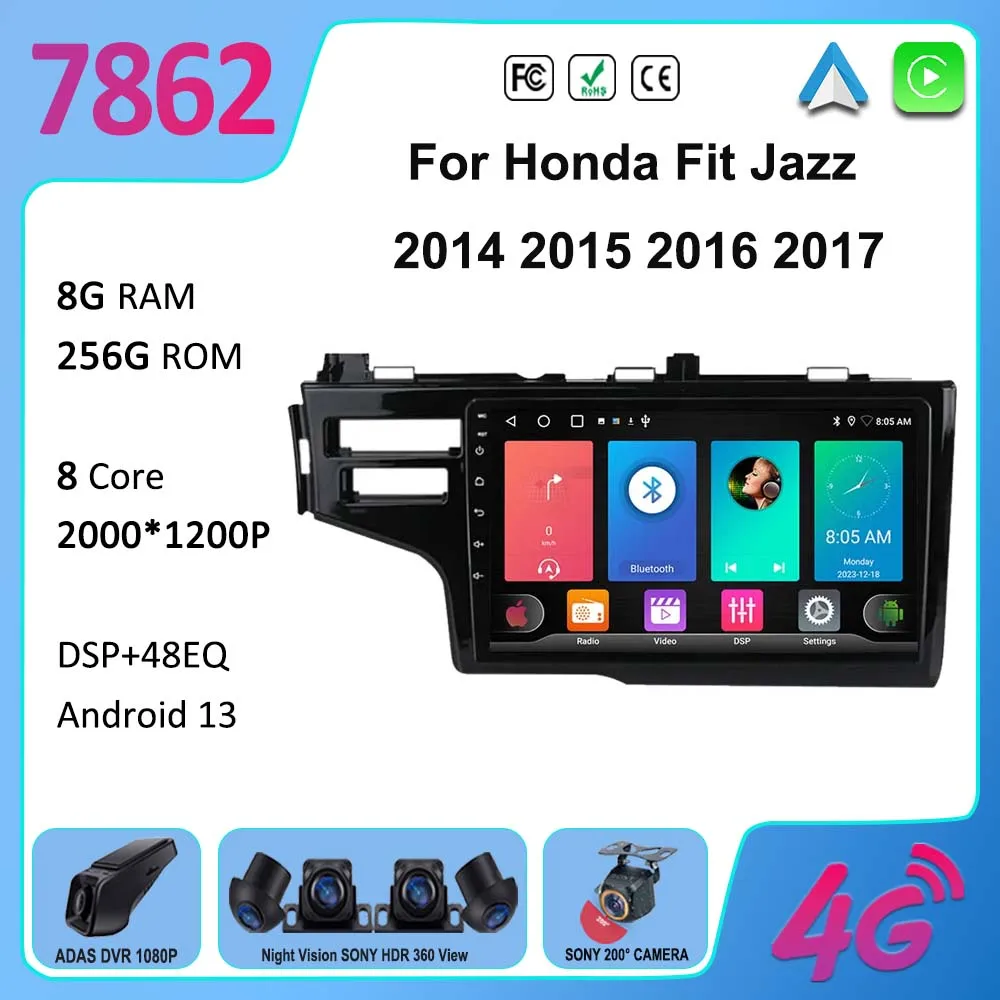 

7862 CPU Android 13 For Honda Fit Jazz 2014 2015 2016 2017 GPS Navigation NO 2DIN Stereo Multimedia Player QLED Screen Radio BT