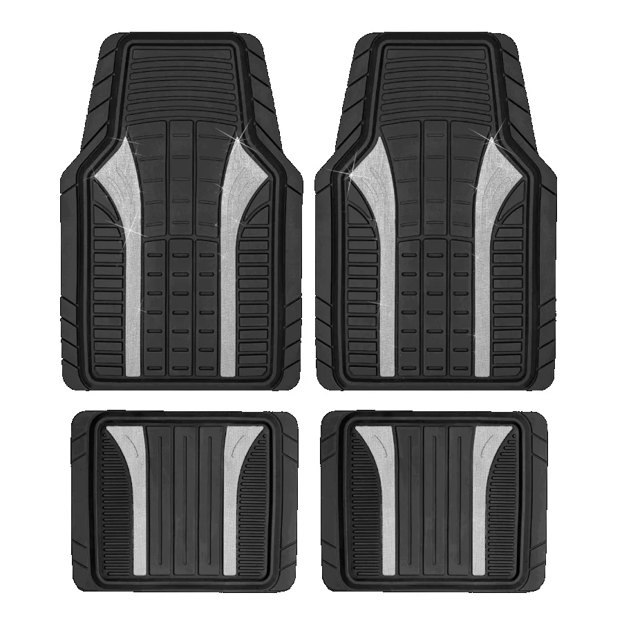 

4Piece Rubber Car Floor Mats Bling Glitter Silver - Universal Fit