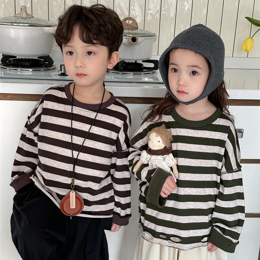 

Spring 2024 New Baby Long Sleeve Striped Sweatshirts Fashion Korean Style Kids Cotton Tops Boys Girls Casual Pullover Clothes