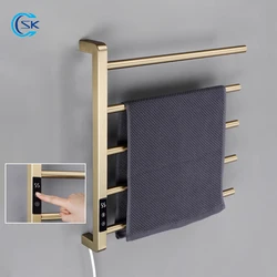 Bathroom Brushed Gold Towel Warmer Temperature Time Control Electric Heated Towel Rail Stainless Steel Electric Towel Rack