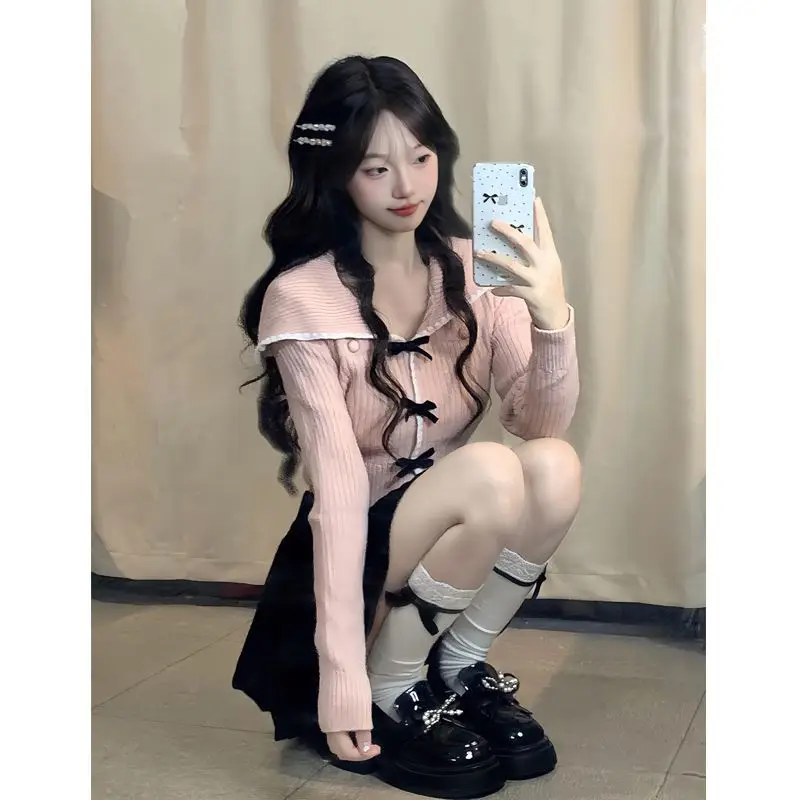 

College Style Sweet Girl Pink Short Knitted Sweater Top for Women