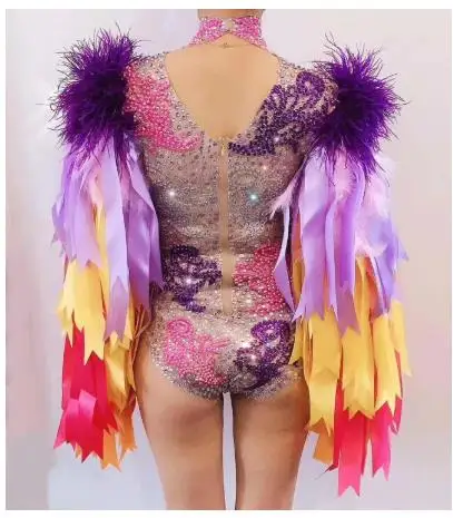 Women Nightclub Bar Party Outfit Fashion Stage Wear Ribbon Strip Feather Sleeve Rhinestone Bodysuit Performance Dance Costume