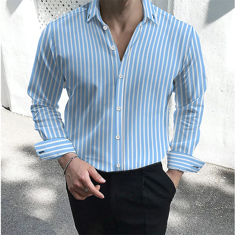 Men\'s formal shirt button lapel shirt black and white red long sleeve striped collar wedding work clothing large size 6XL