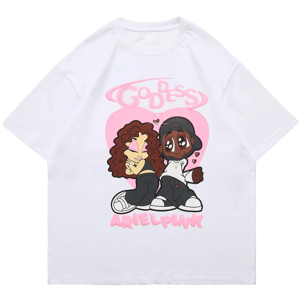 Aolamegs Hip Hop T-shirt Men Cartoon Couple Print Streetwear O-Neck Fashion College Style Cotton Cozy Oversized Tops Tees Summer