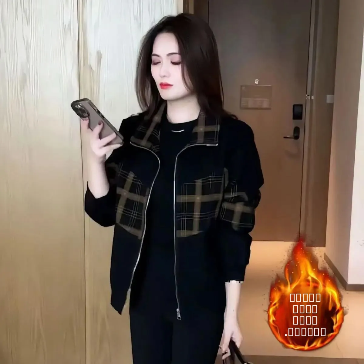 Modische, gefütterte Damenjacke, locker geschnitten, verdickt, Herbst-Winter, kariert, Reißverschluss, Stehkragen, Oberbekleidung