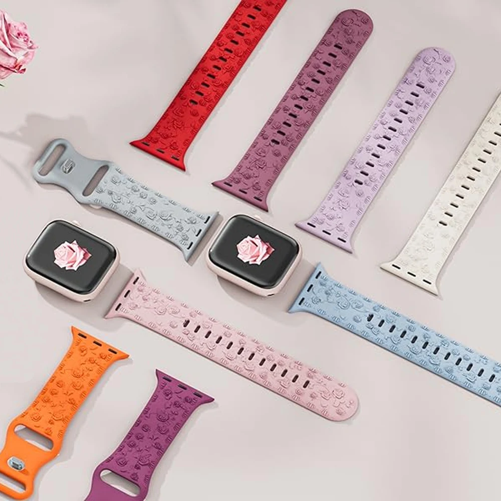 Rose Engraved Silicone Strap for Apple Watch Ultra 49mm 45 40 41mm Sport Strap Bracelet for iWatch Series 8 7 9 6 5 43 Wristband