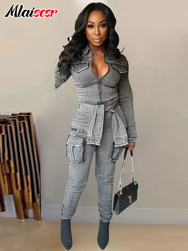 Mlaiscsr Women Stretch Denim Gray Cargo Jumpsuit with Bandage Turn Down Collar Zip-up 3D Pockets Slim Jeans Overalls Romper New