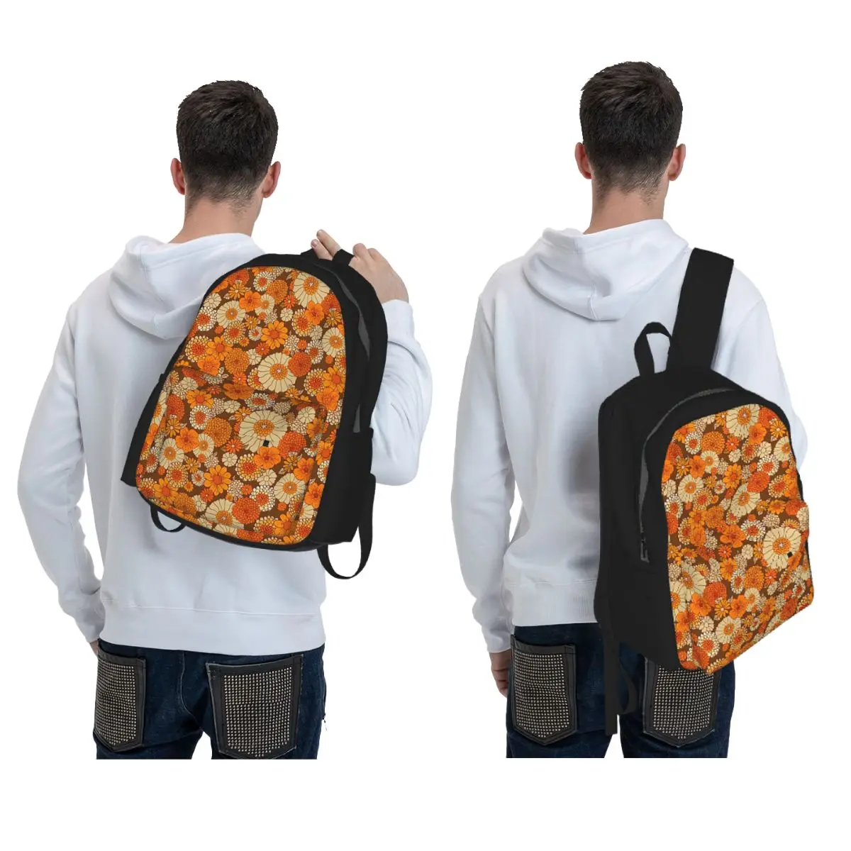 70s Retro Daisies Flower Power Orange And Brown Boho Backpack BookBag Kids School Bag Computer Shoulder Bags for Men Women