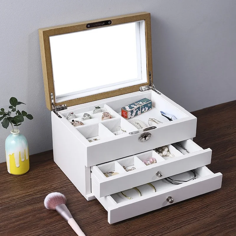 

Jewelry, Storage Box High-end Jewelry Gifts Earrings Necklace Wooden Drawer Locked Solid Wood Jewelry Box