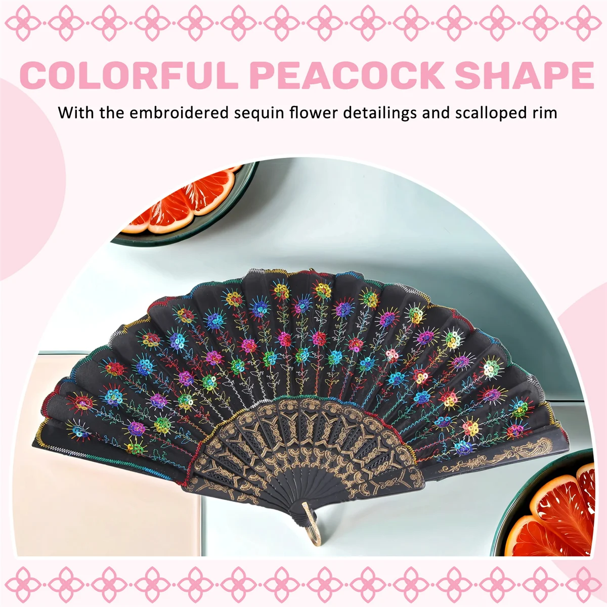 New SODIAL(R) Colored Embroidered Flower Pattern Black Cloth Folding Hand Fan for Woman