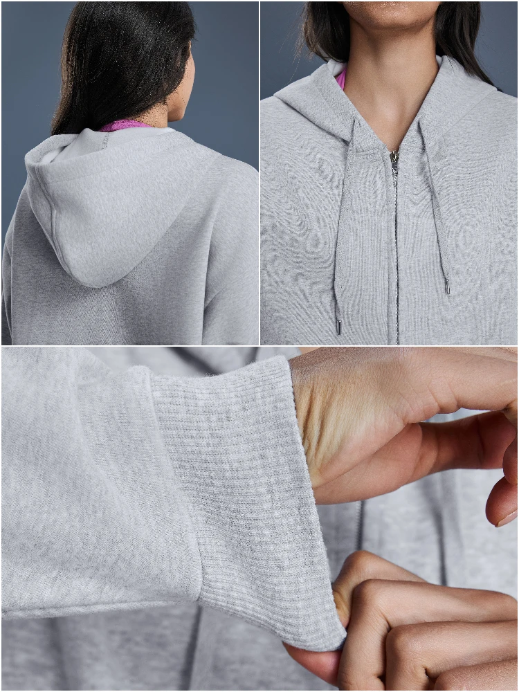 VITALINOVO Damen-Herbst-Kapuzenpullover mit Reißverschluss, Sweatshirts, Fleece-gefütterte Winterjacke mit Kapuze und Kordelzug, locker sitzende Trainingsjacken, Oberteil – Detail 6