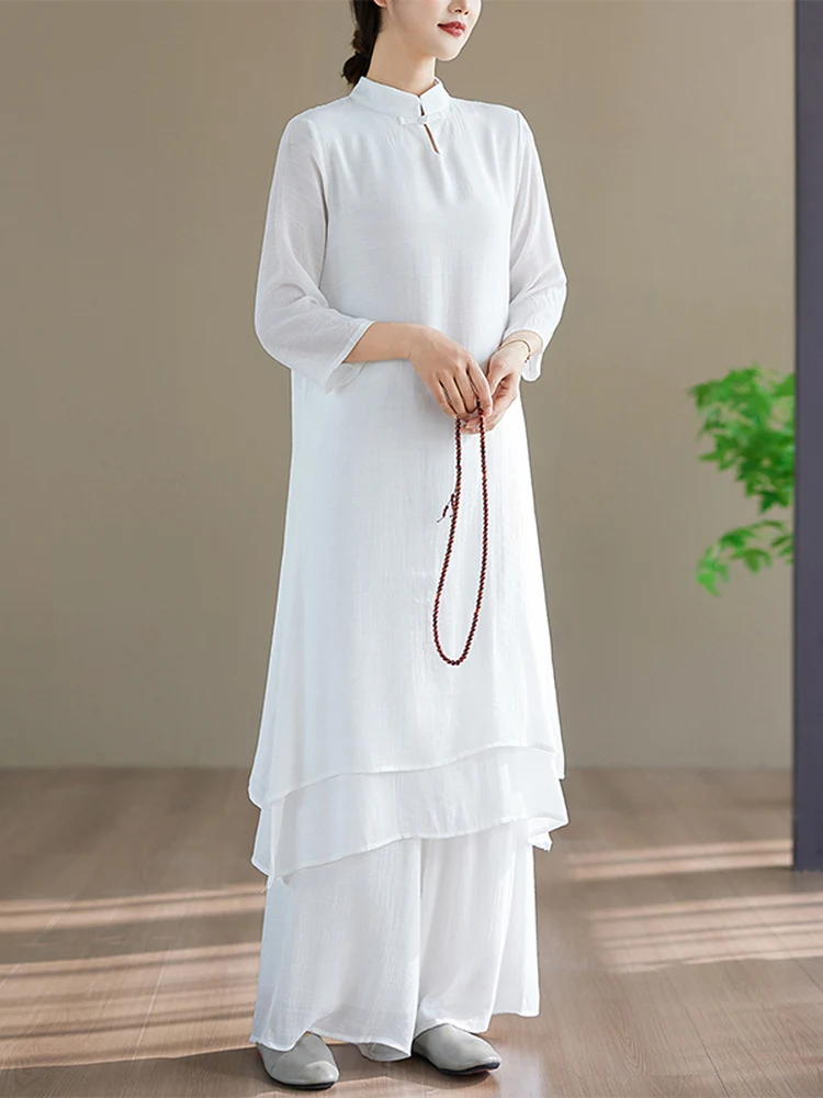 

Ele Double Layer Zen Meditation Yoga Tea Set Women's Spring Summer Faionable Outfit Traditional Chinese Sle High Wais...