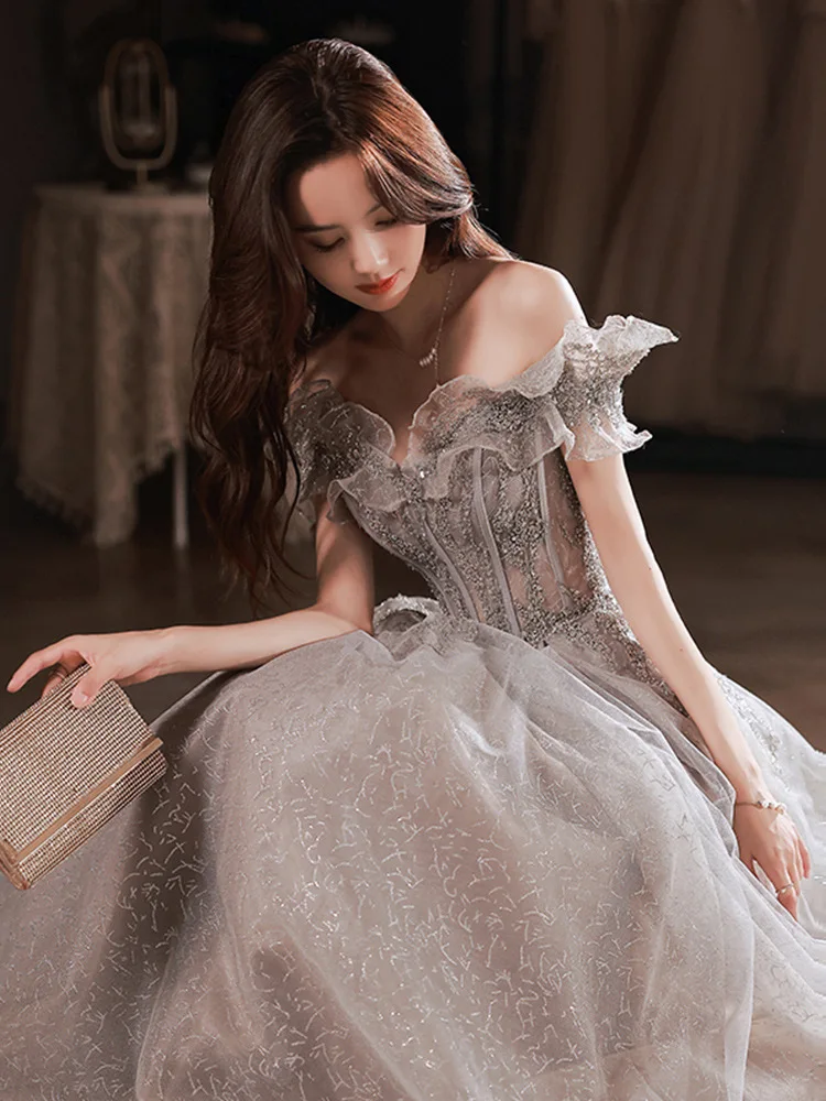 

Sparkly New Evening Party Dress 2022 Off the Shoulder Ruffles Lace Appliques Formal Prom Gowns Vestidos Festa Robe De Soiree