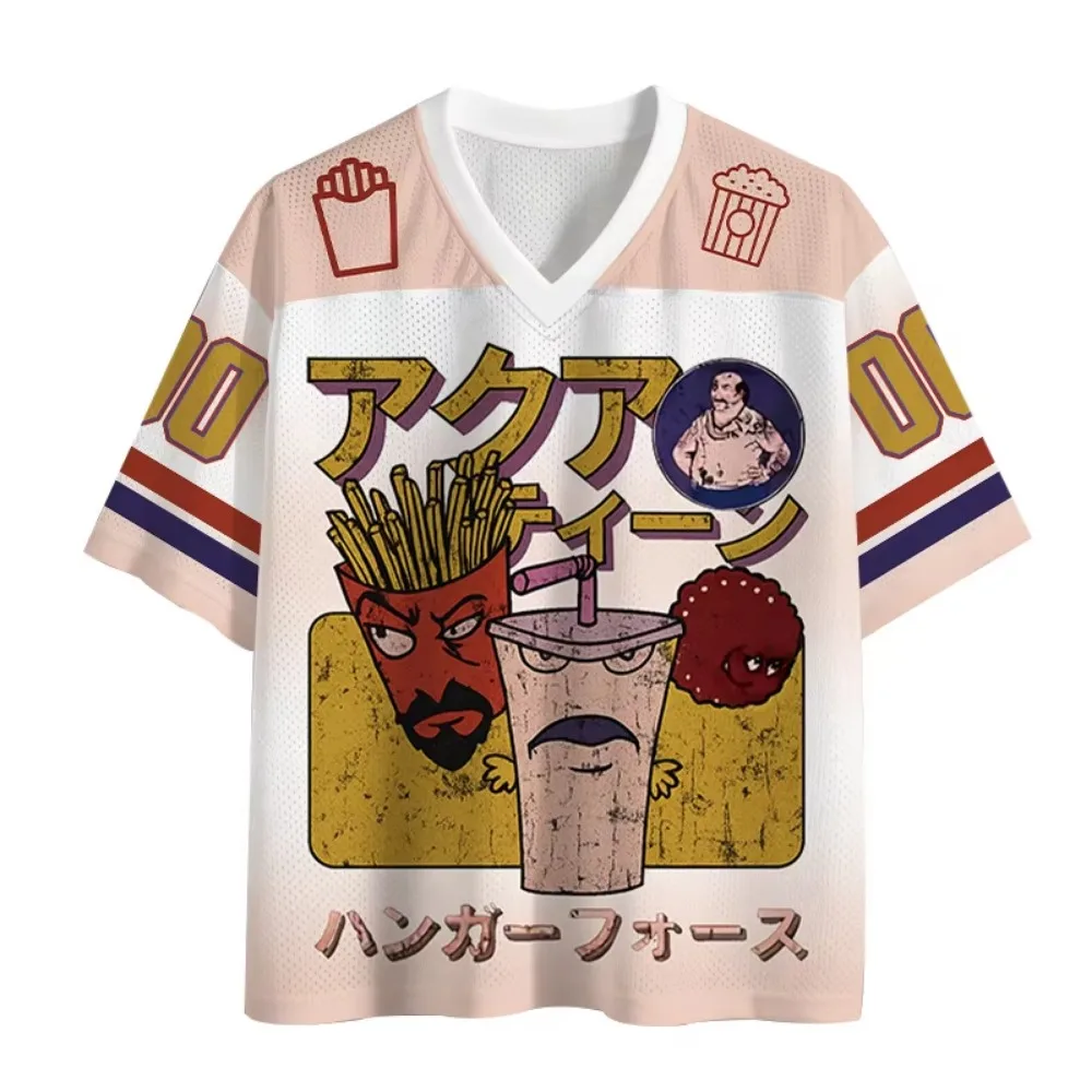 Y2K Cartoon Fast Food Pattern 3D Print Men Sport V-neck T-shirt Outdoor Street Casual Fashion Quickdry Breath Parent-child Cloth