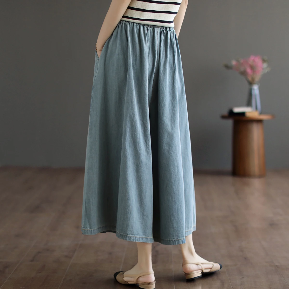 Summer New Sle Women's Jeans Pants l Waist Commuter Wind Korean Version ket Design Seven-Foot Wide Leg Skirt Pants