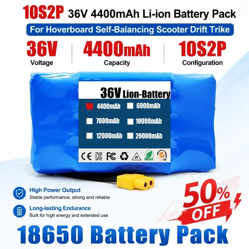 

10S2P 36V 4400mAh 18650 Battery Pack for Hoverboard Self-Balancing Scooter Drift Trike High Power Rechargeable Li-ion Battery