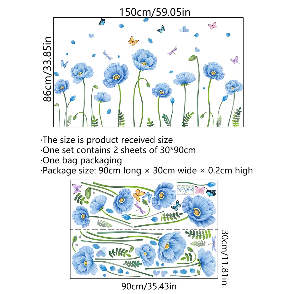 Adesivos de parede Blue Plant Flower and Butterfly, Sala de fundo, Mural decorativo para casa, Papel de parede, Ms4300, 2pcs