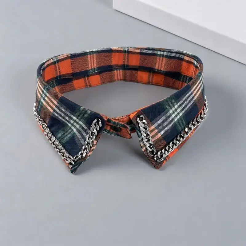2025 New Removable Polyester Collar with Check Pattern and Pointed Chain Detail