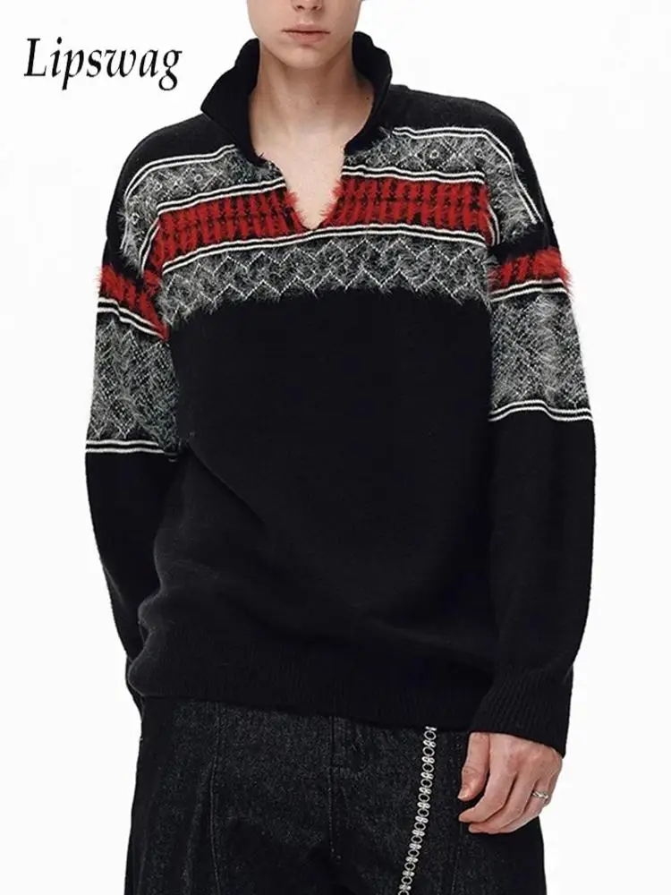 

Vintage Stiped Patchwork Sweater Mens Fashion Turn-down Collar Long Sleeve Knit Polo Shirt Men Spring Fall Casual Knitted Jumper