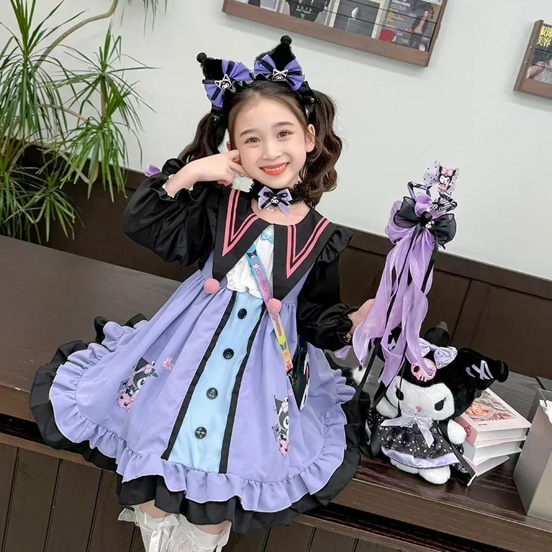 Vestido de princesa Sanrio Kuromi feminino, Traje de Cosplay Puff Sleeve, Roupa de baile, Roxo, Doce, Aniversário, Dia das Bruxas, Conjunto presente para criança