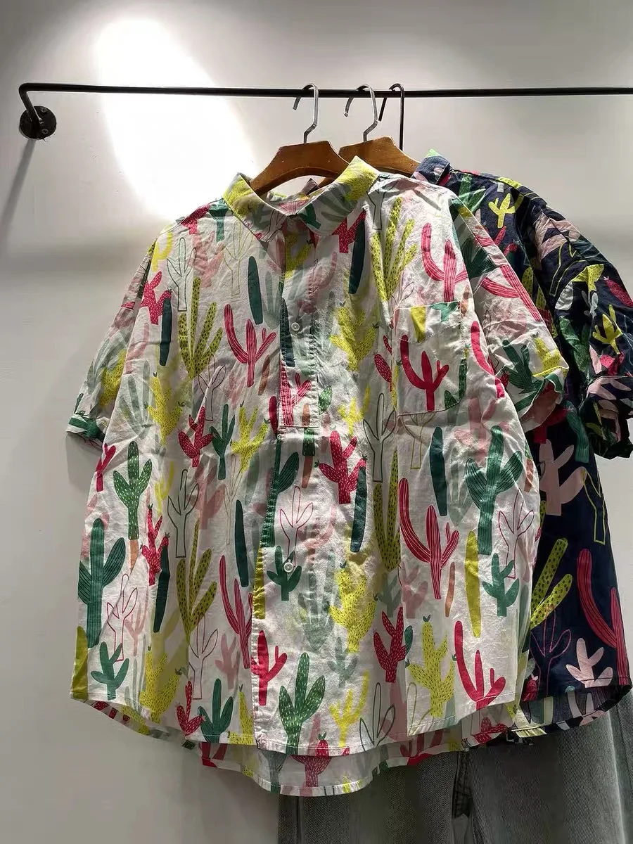 2026 Bust 138cm oversized Hawaiian shirt for women original 100% cotton tropical cartoon cactus printed short sleeve blouses