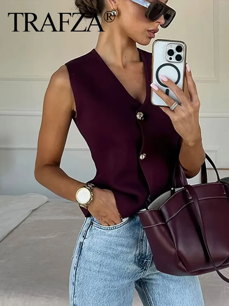 TRAFZA Women Elegant Wine Red Skirt Suit V Neck Sleeveless Button Knitted Vest Top Slim Side Zipper Midi Skirt Streetwear Sets