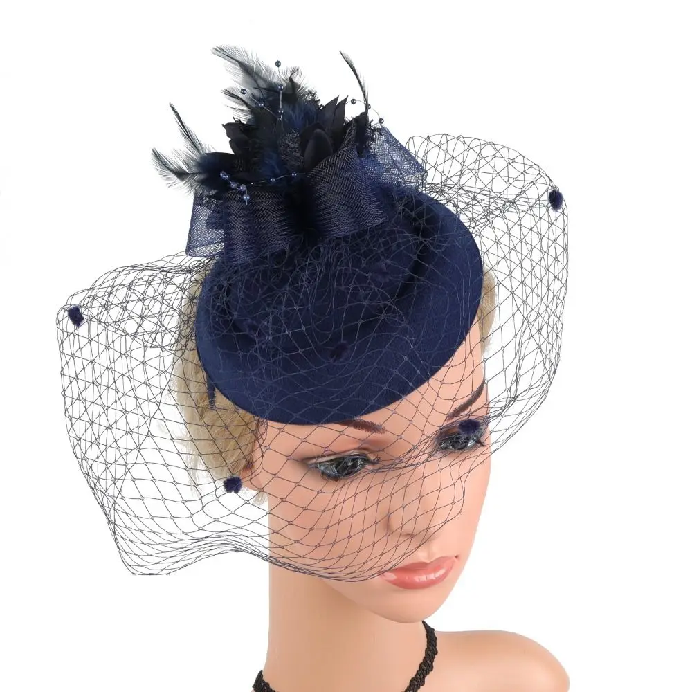 New Luxury Mesh Fascinator Hat Small Plush Wave Point Decor Feather Headdress Bridal Wedding Headband