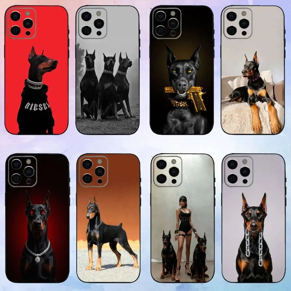Doberman hond telefoonhoesje voor iPhone17,16,15,14,13,12,11 Plus, Pro Max zachte zwarte hoes