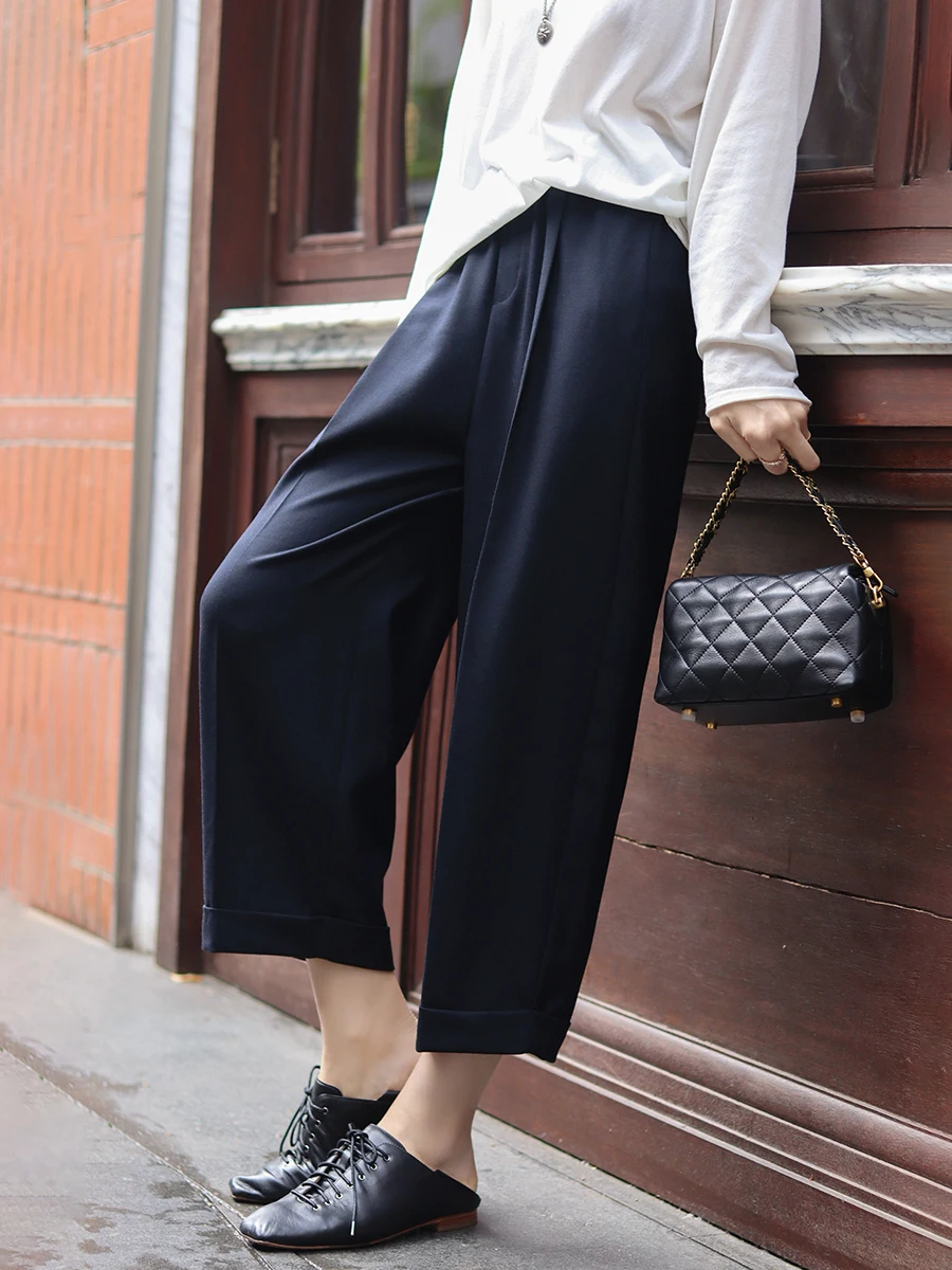 

Feel Straight Leg Woolen Suit Pants Nine-Tenths l Waist Commute Sle Casual Pants for Women Simple Ele Wool Blend