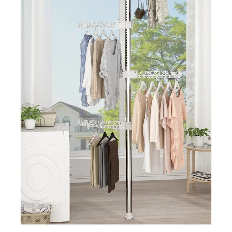 Tension Pole Clothes Rack Floor to Ceiling Adjustable Drying Stand No Drill Space-Saving Garment Organizer for Bedroom Balcony