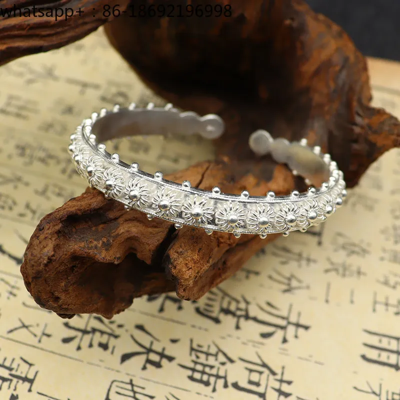 Pine Flower Embellished Moon, Silver Art Embroidery Sterling Silver New Chinese Filigree Foot Silver High-end Opening Bracelet