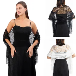 Women Solid Party Evening Lace Shawl Scarf Hollow Crochet Flower Tassel Scarves Wraps Elegant Fringed Mesh Yarn Wedding Cape