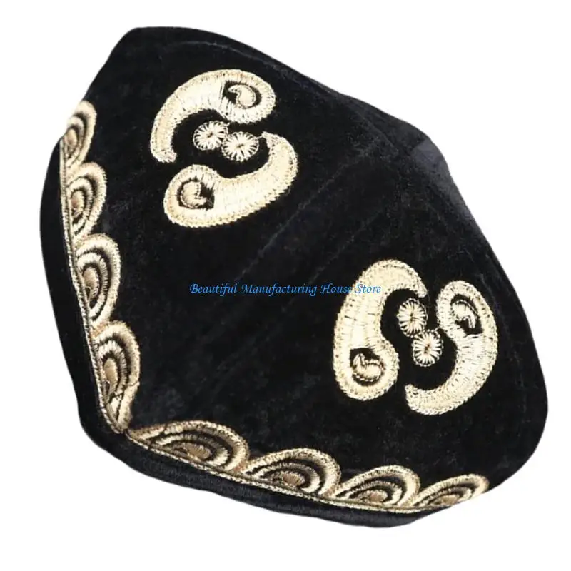 

E56A Comfortable and Adjustable Velvets Hat Unisex Embroidery Hat Chinese Cultural Hat for Fashion and Tradition Lover