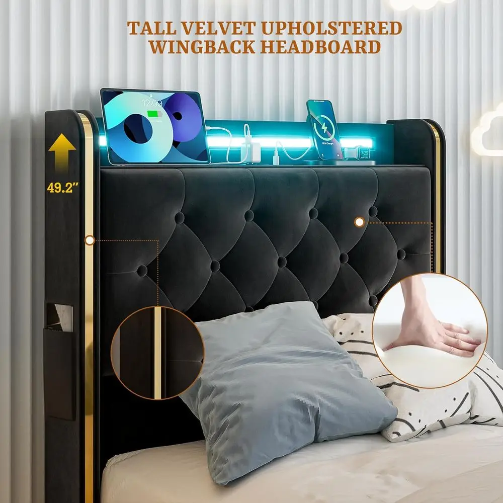IKILY Upholstered Twin XL Bed es with Storage Ders, 49.2" Tall Velvet Platorm Bed with Wingback Storage board, LED Lights & Char view 3