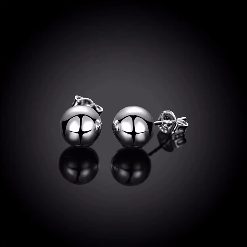 925 Sterling Silver Round Smooth Solid Bead Ball Stud Earrings