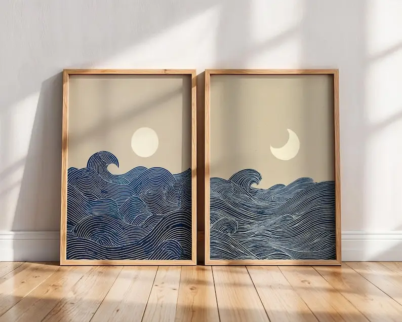 2pcs Japandi Minimalist Moon Crescent Canvas Wall Art Prints, Frameless Abstract Landscape Canvas Poster for Living Room Decor