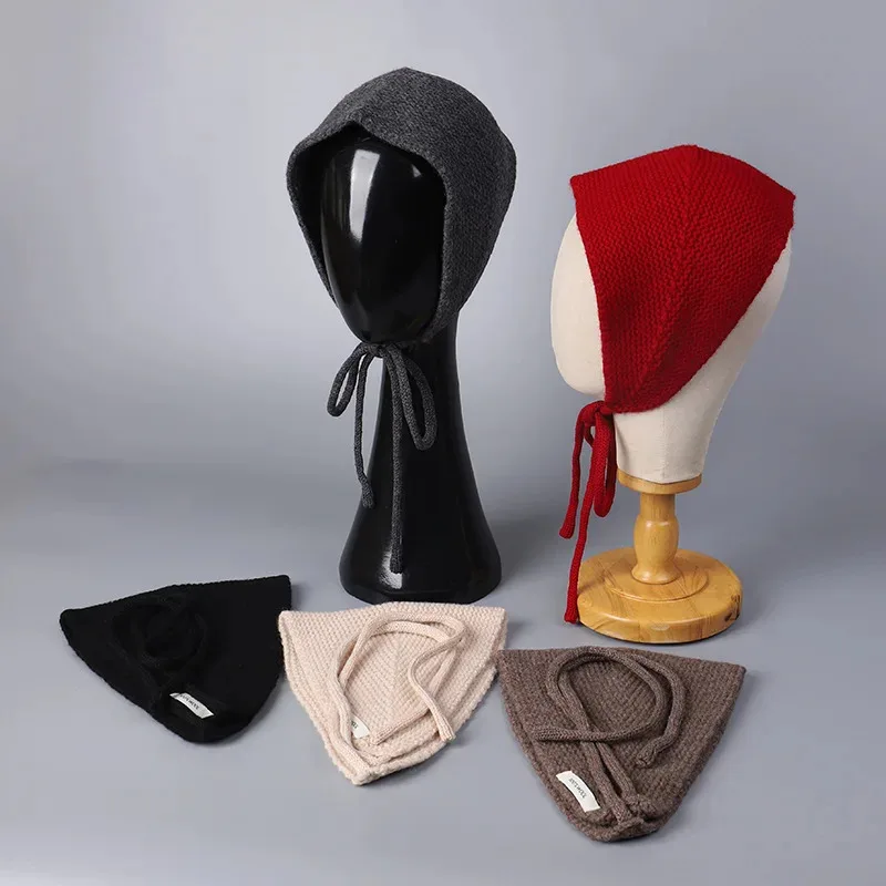 Women's Sweet Lolita Wool Beanie Hat with Earflaps Retro Lace-Up Headband Hats Winter Autumn Warm Ear Protection Headscarf