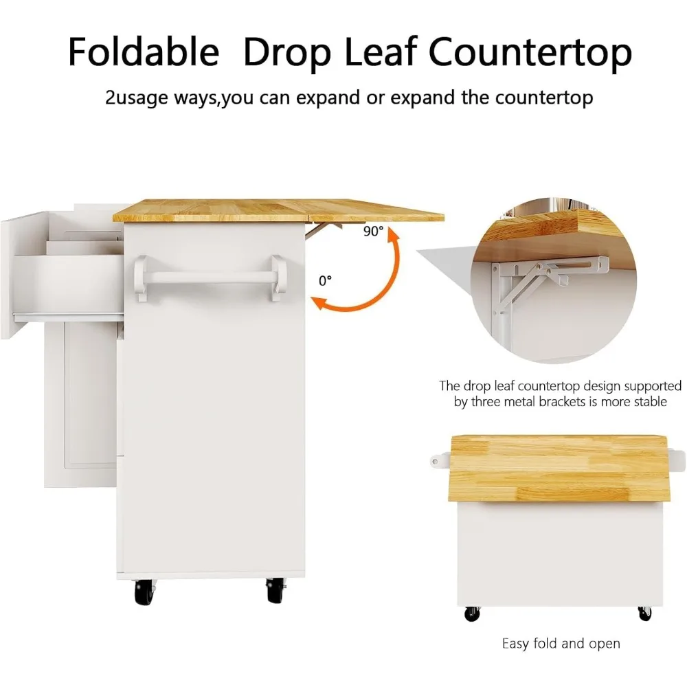 Rolling Kitchen Island with Storage,43" Kitchen Island Cart with Drop Leaf & Spice Rack & 3 Drawers,Portable Islands for Kitchen