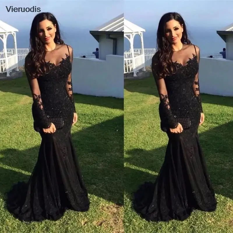 

Black Long Sleeve Mermaid Evening Dresses 2022 Lace Appliques Sequined Sheer O-Neck Formal Party Prom Gown For Women Gorgeous