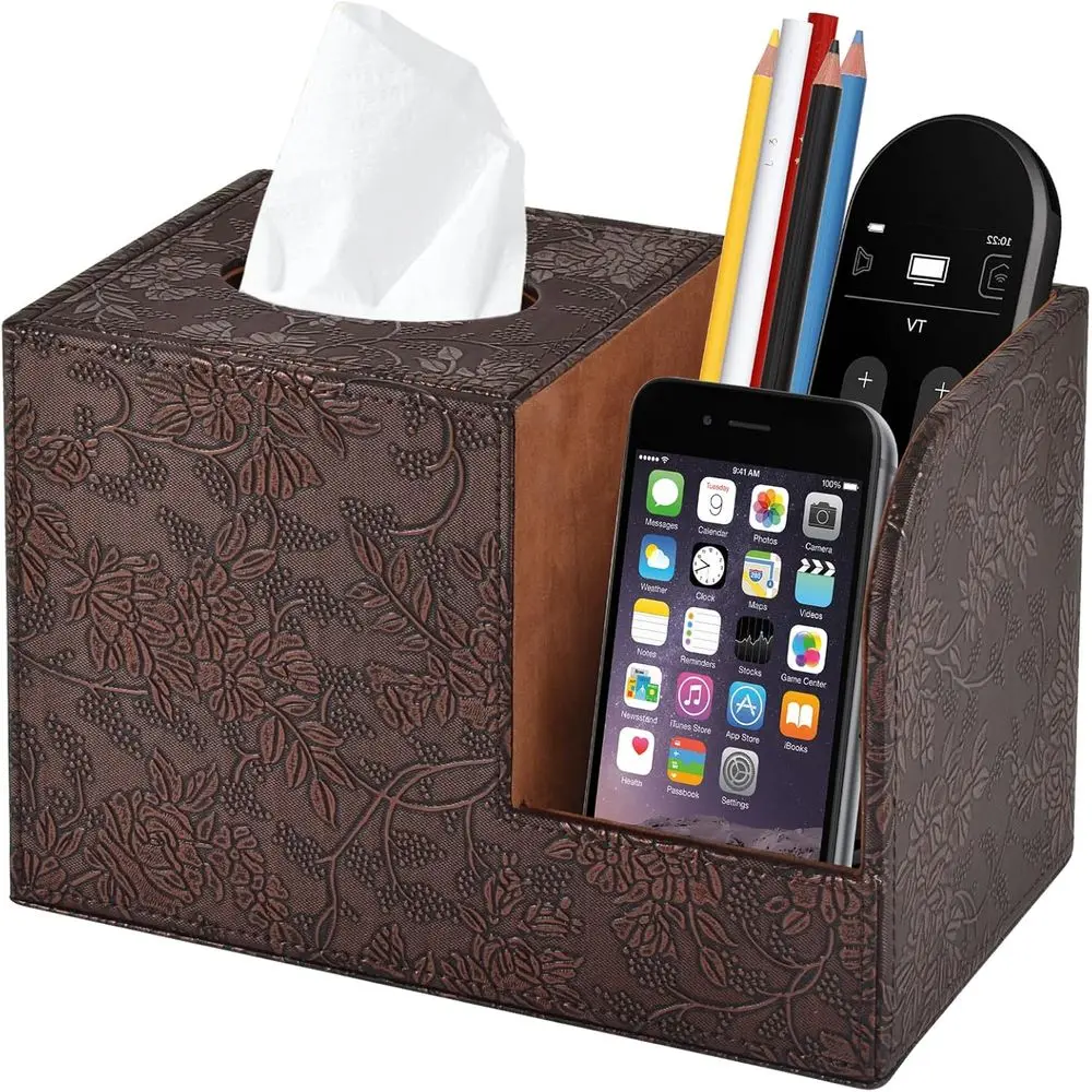 

Multifunctional Decorative PU Leather Tissue Box with Remote Holder and Storage, Retro Style
