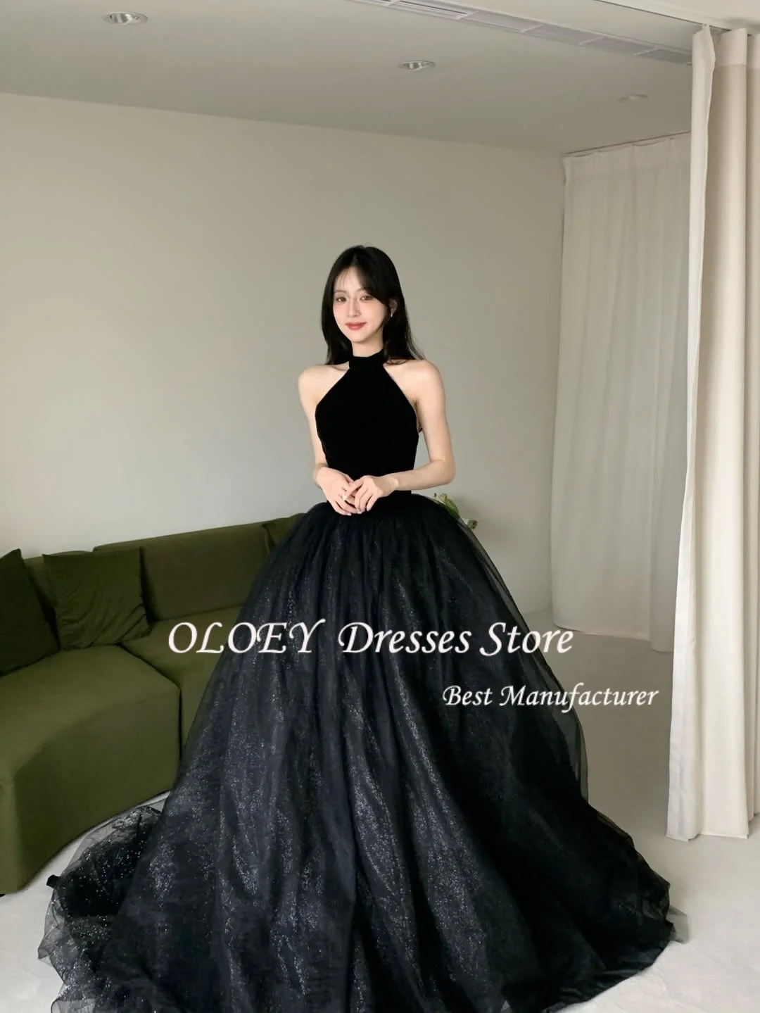 فستان OLOEY أسود على شكل حرف a مع رسن لامع للحفلات الراقصة من التول كوريا لحفلات الزفاف وأداء التقطت الصور ثوب مسائي فاخر مخصص